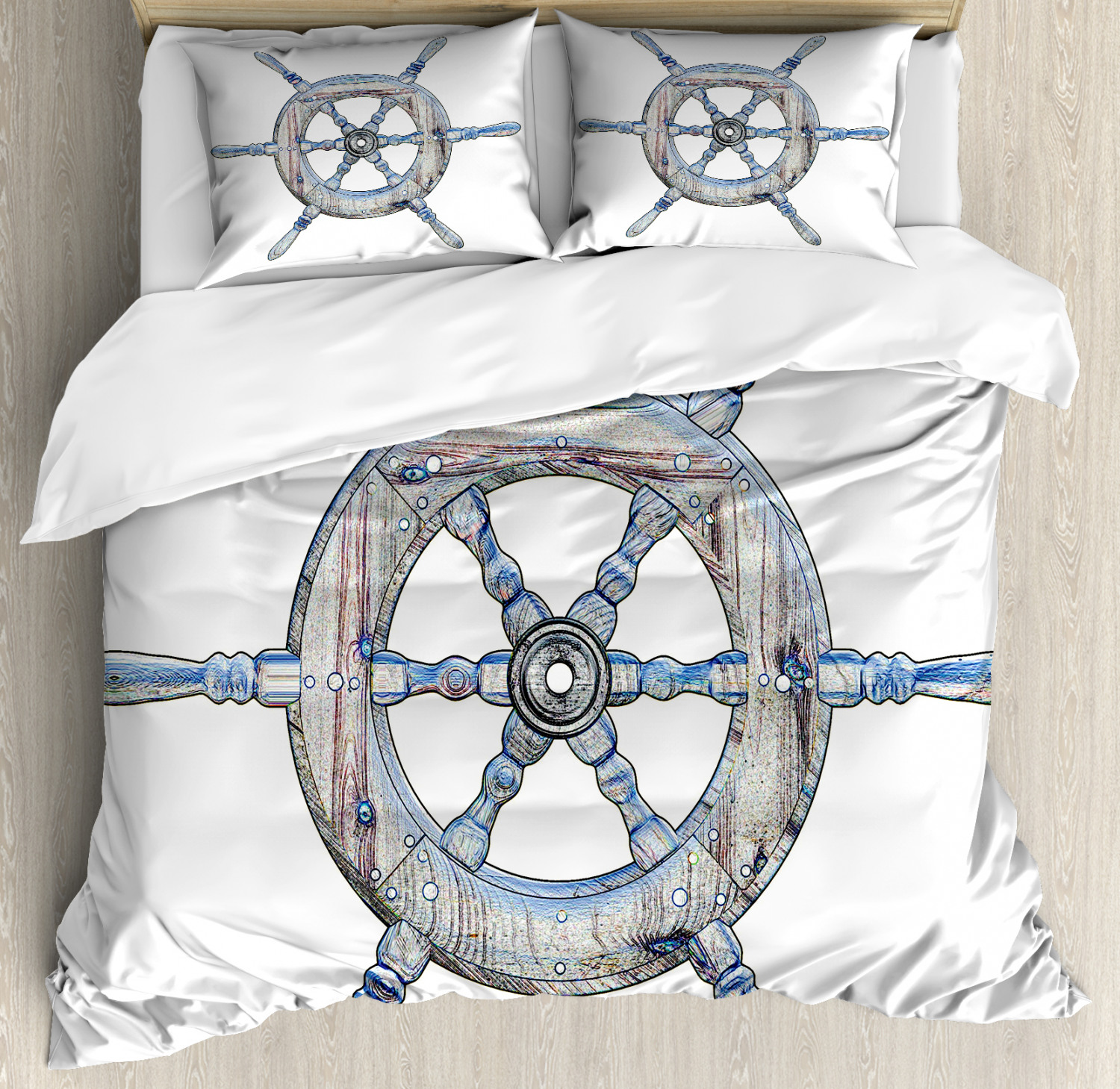 Nautical Queen Size Duvet Cover Set, Illustration of A Wooden Ship