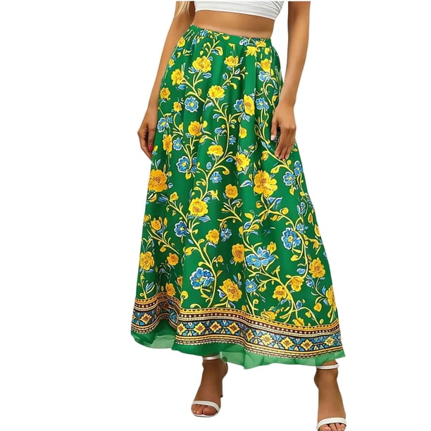 Faldas de Mujer Midi Gasa Floral Impresa Falda de Verano para las Mujeres, Falda Midi Casual con Cintura Elástica Suelta Ajuste, Falda Ligera de Playa Flujo para el Uso Diario