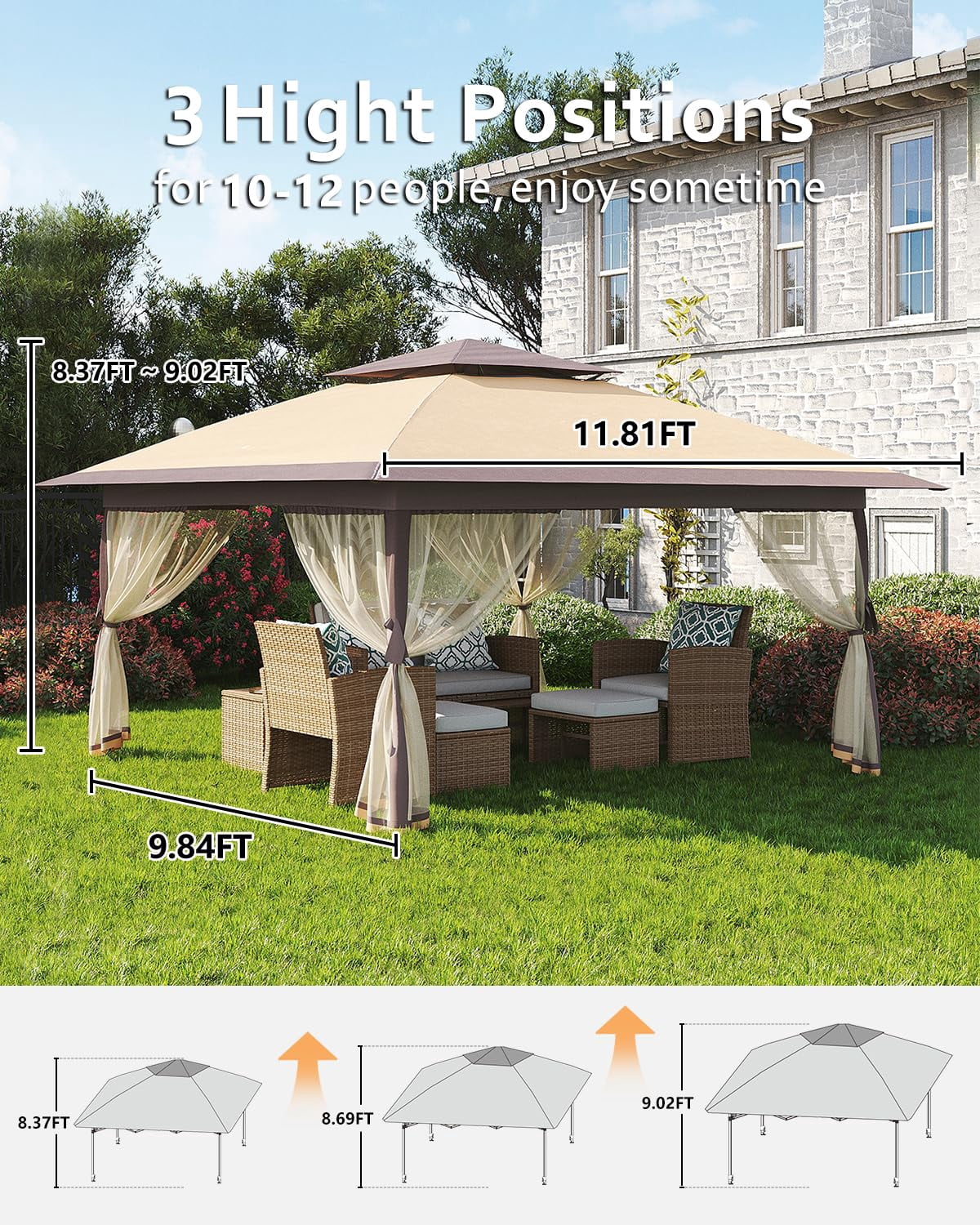 Luku 12' x 12' Outdoor Gazebo, Heavy Duty Double Roof Patio Gazebo with Netting and Curtains, Outdoor Patio Canopy for Deck Backyard Garden Lawns