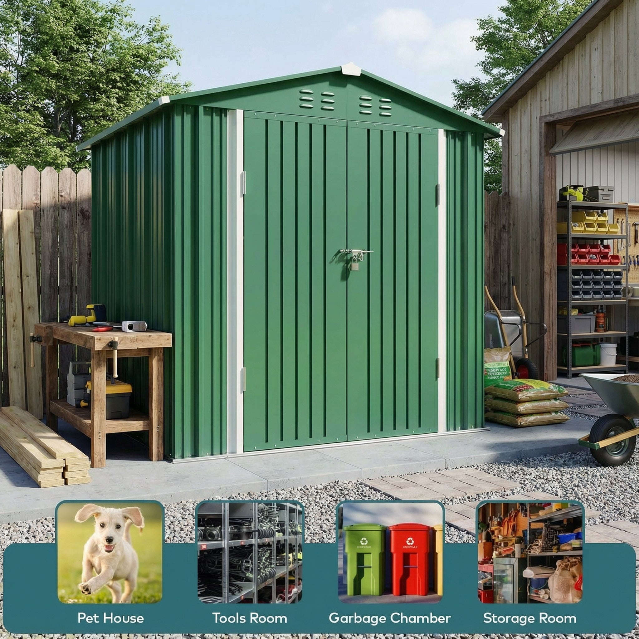 6' x 4' Outdoor Storage Shed, Weather-Resistant Iron Garden Shed with Lockable Double Doors for Backyard/Patio/Lawn, Green