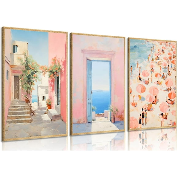 3Pcs Trendy Pink Beach Canvas Wall Art Pastel Preppy Coastal Ocean Painting Picture Wall Decor Retro Sea Beachy Scene Posters Print Artwork for Teen Girl Dorm Girls Room Aesthetic Decor 12x16in