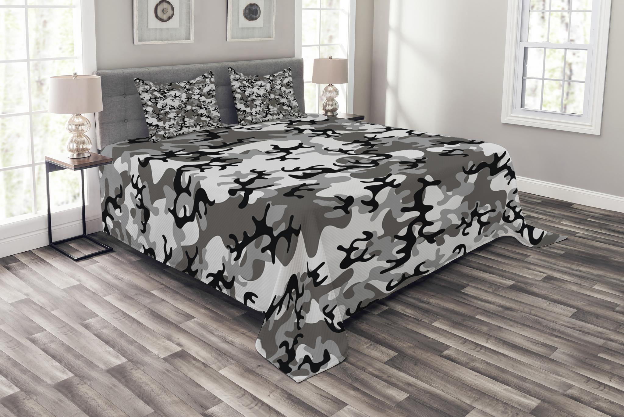 Brown Quilted Bedspread & Pillow Shams Set Desert Marpat Camo Motif Print 