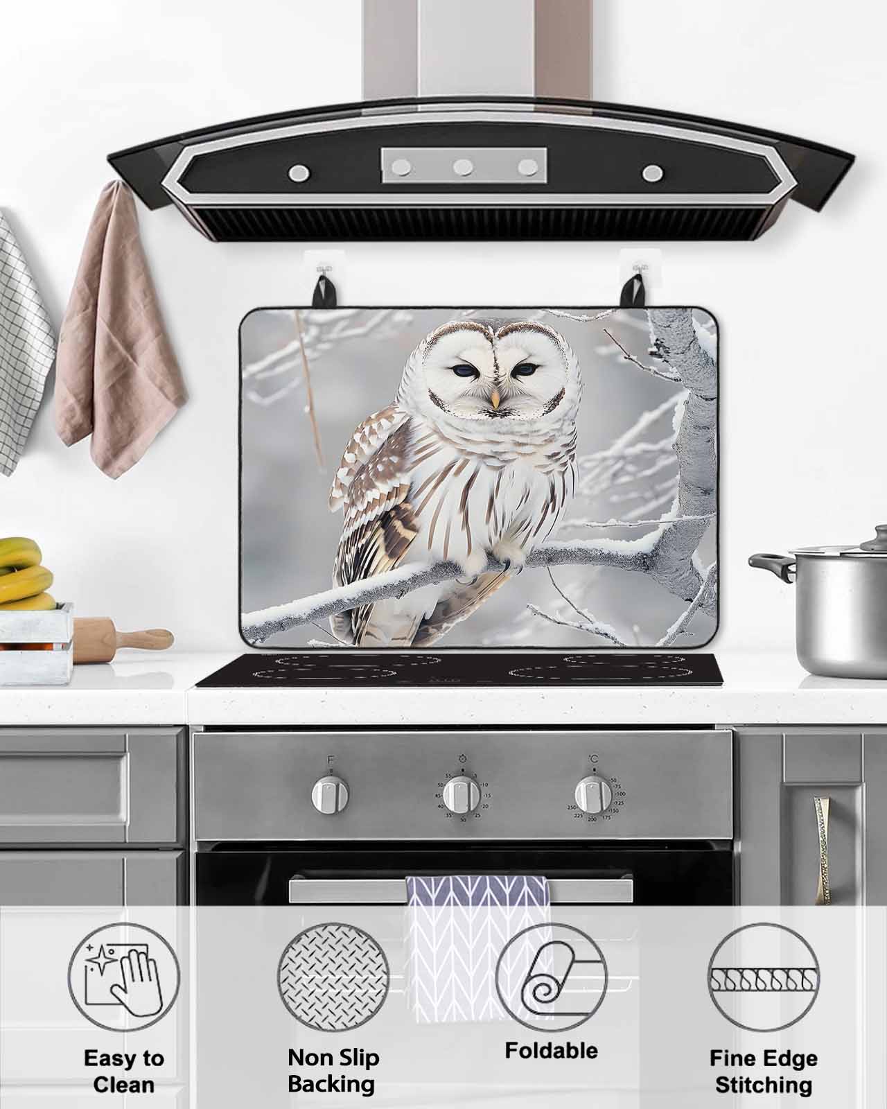 nqOlkjepod Large Induction Cooktop Protector Mat 24"x21", Winter Owl Stove Top Covers for Electric Stove, Country Birds Animal Tree Branches Snow Stove Burner Cover Mats, Glass Top Stove Cover