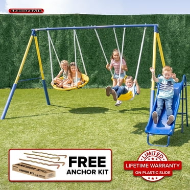 Sportspower Super Saucer Metal Swing Set with 2 Swings, Saucer Swing and 1-Piece Heavy Duty Slide, Great for Kids Aged 3-8