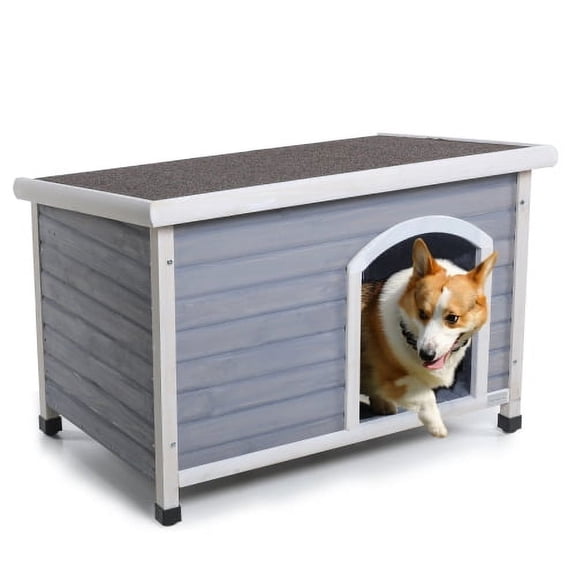 Medium Sized Insulated Outdoor Dog House with Waterproof Sloped Roof & Elevated Floor, Wooden Kennel with Adjustable Feet for All Weather - Grey