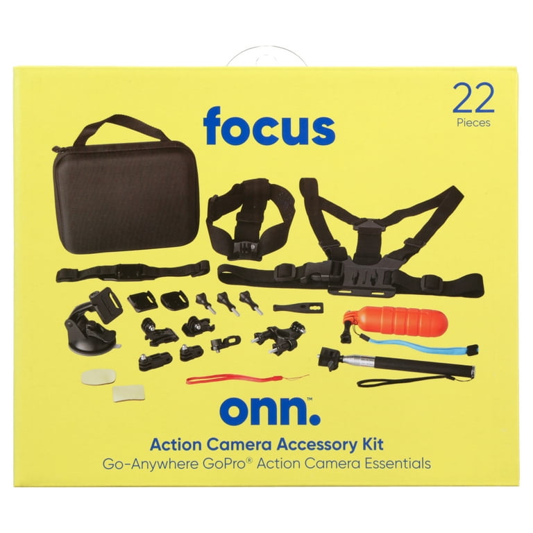 onn. Action Camera Accessory Kit for Most GoPro Hero Models, 22 Pieces  Including a Selfie Stick and Chest Mount 