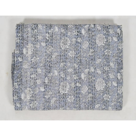 Handmade Floral Print Quilt Queen Kantha Quilt Grey Quilt Kantha Bedspread Cotton Blanket Indian Bed Cover Bohemian Quilt Kantha Quilt Queen Size
