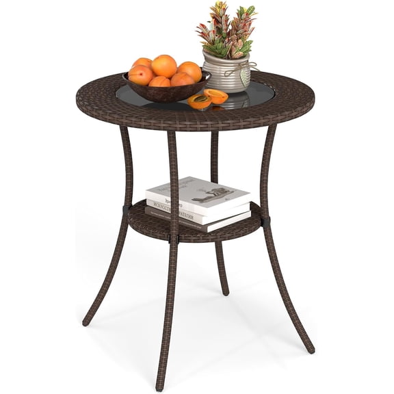 25 inch Patio Wicker Coffee Table Outdoor Backyard Lawn Balcony Pool Round Tempered Glass Top Rattan Steel Frame Side Table Furniture W/Storage Shelf, Brown