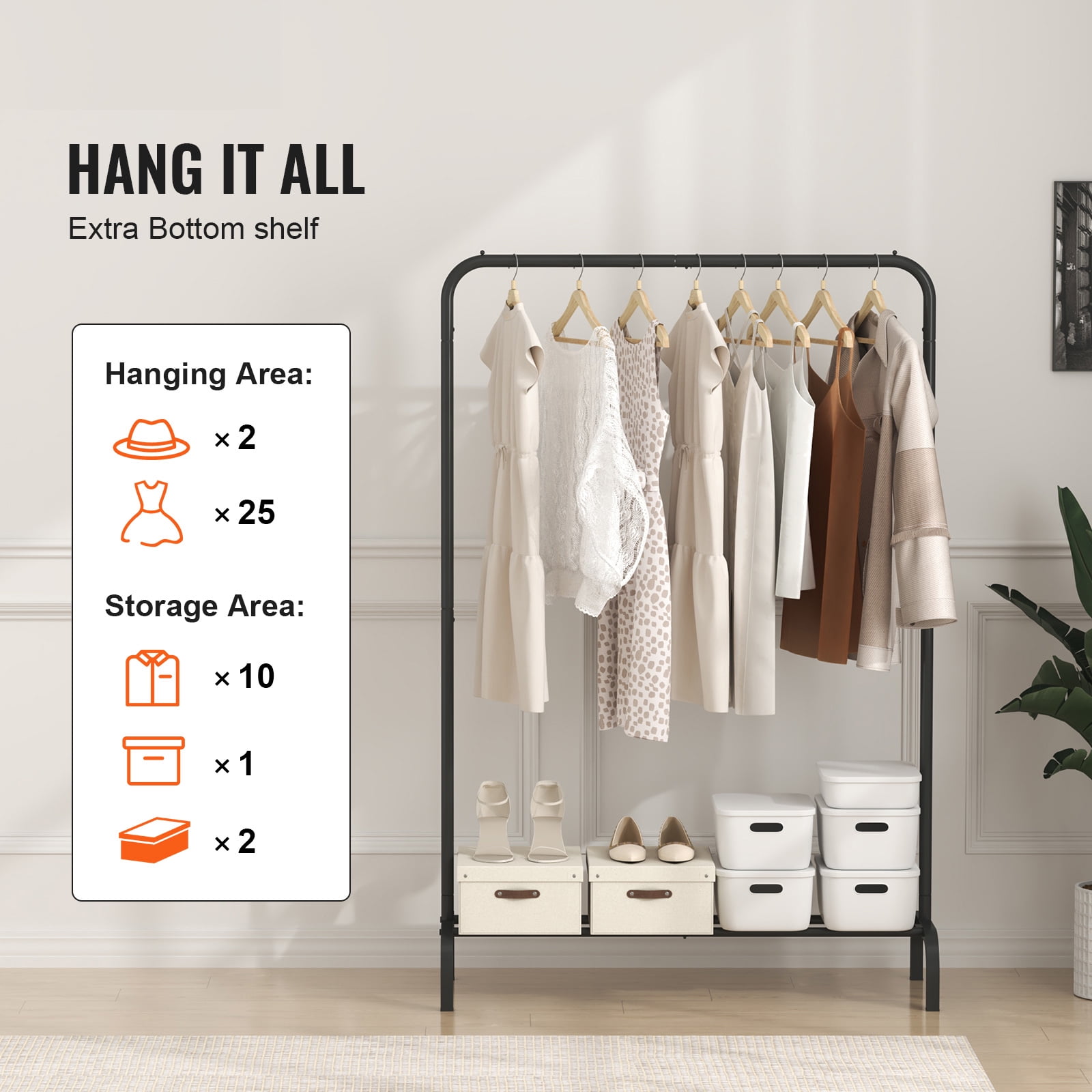 VEVOR Clothes Rack Heavy Duty Clothing Garment Rack with Hanging Rod and Lower Storage Bedroom Black