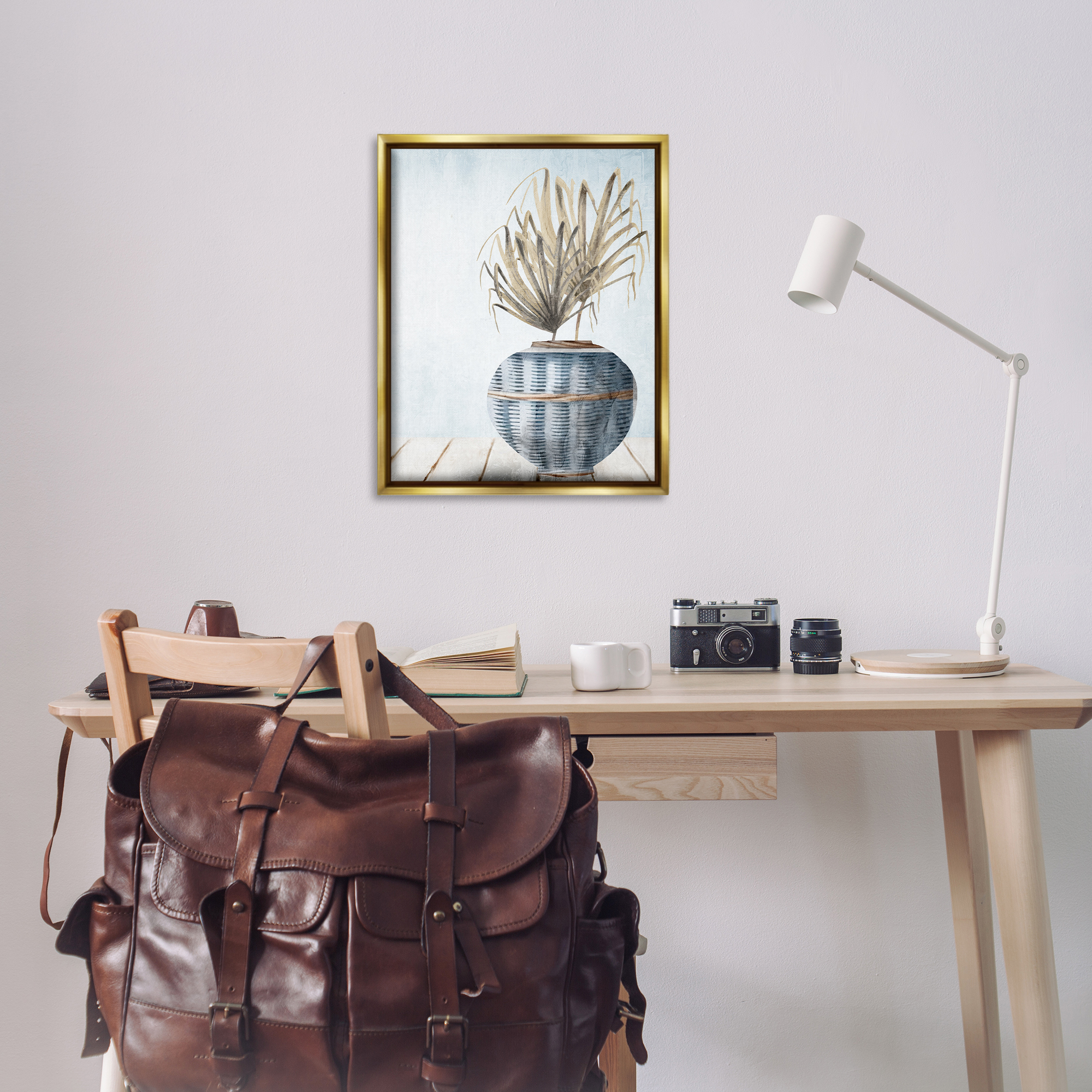 Stupell Industries Plant in Woven Vase Plants & Flowers Painting Gold Floater Framed Canvas Art Print Wall Art, 25 x 31