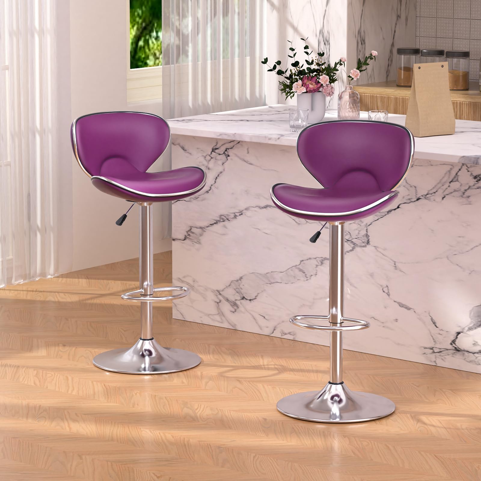 Adjustable Swivel Bar Stools Set of 2 , Modern PU Leather Upholstered Bar Chairs with Chrome Base for Kitchen Island, Dining Room, Pub, Counter (Purple)