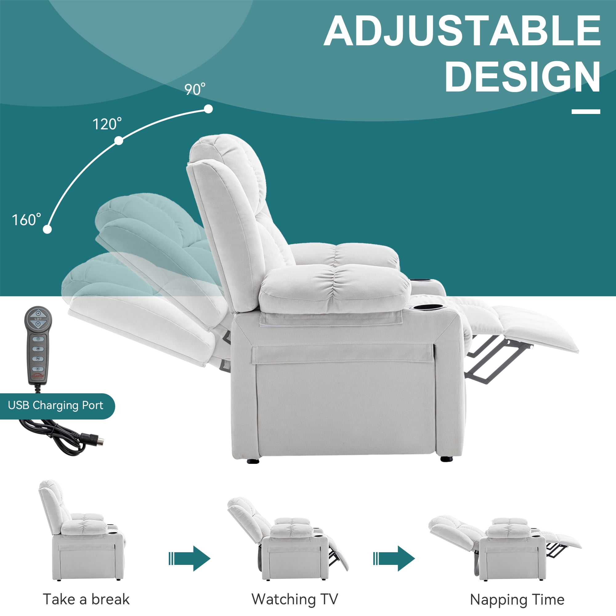 Andeworld 22" Recliner Chairs with Heat and Massage,Oversized Recliner Sofa chairs with Cup Holder, Side Pocket and Tray Taable for Living Rooms, Bedrooms, and Nurseries(Beige)