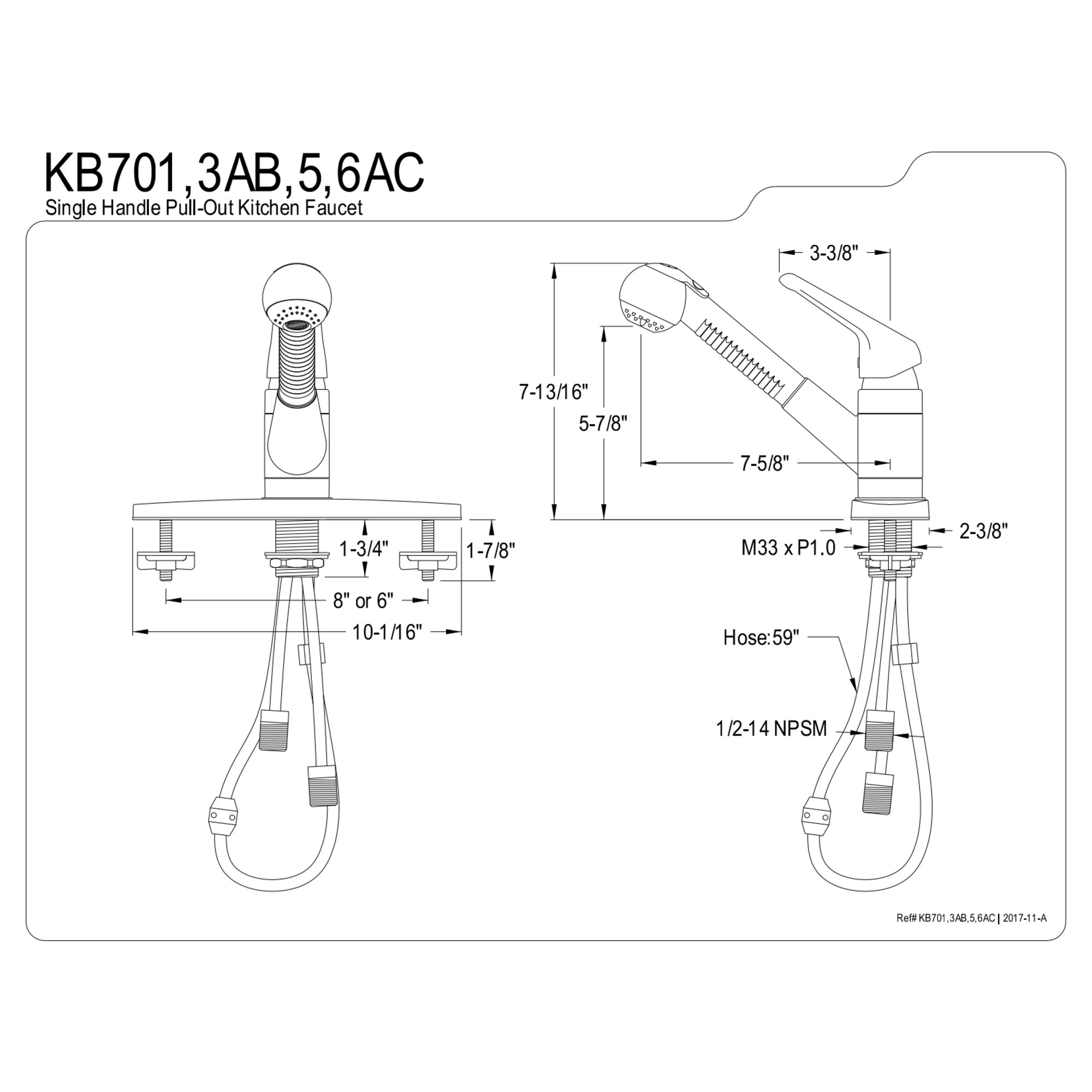 Kingston Brass KB701 Single-Handle 1-or-3 Hole Deck Mount Pull-Out Sprayer Kitchen Faucet in Polished Chrome