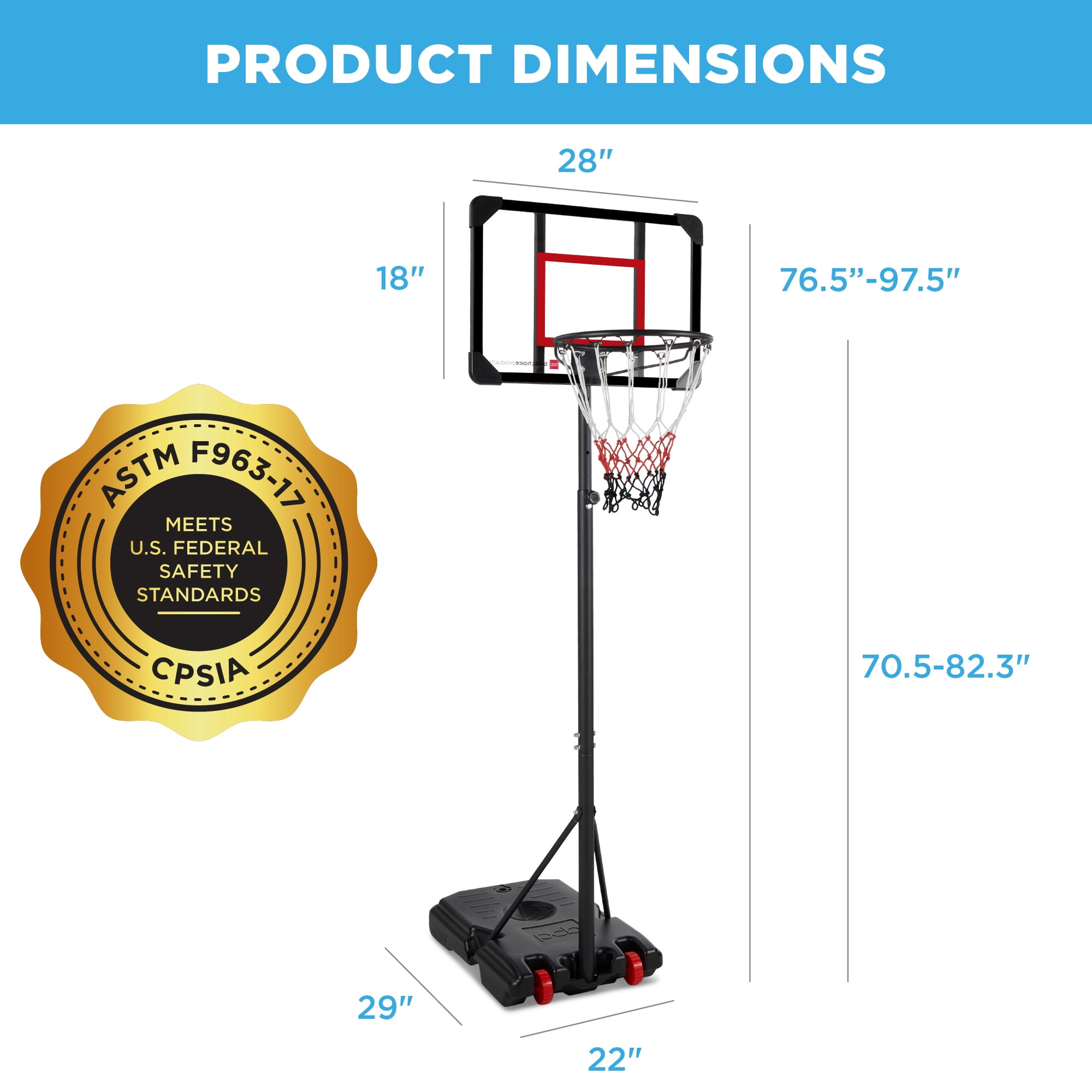 Best Choice Products Kids Height-Adjustable Basketball Hoop, Portable Game w/ 2 Wheels, Square Backboard - Red/Black