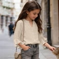 thumbnail image 6 of CQONEPT Linen Button Down Shirt for Girl 3/4 Length Ruffle Sleeve Tops Casual V Neck Cute Shirts Summer Vacation Blouses Beige 3 Years, 6 of 7
