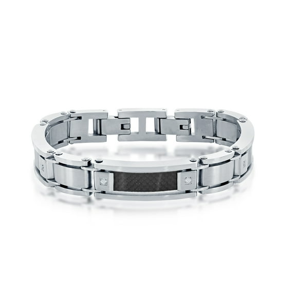 Men’s Alternating Black Carbon Fiber and Stainless-Steel with Simulated Diamond CZ Link 8.5” Bracelet | Jewelry for Men