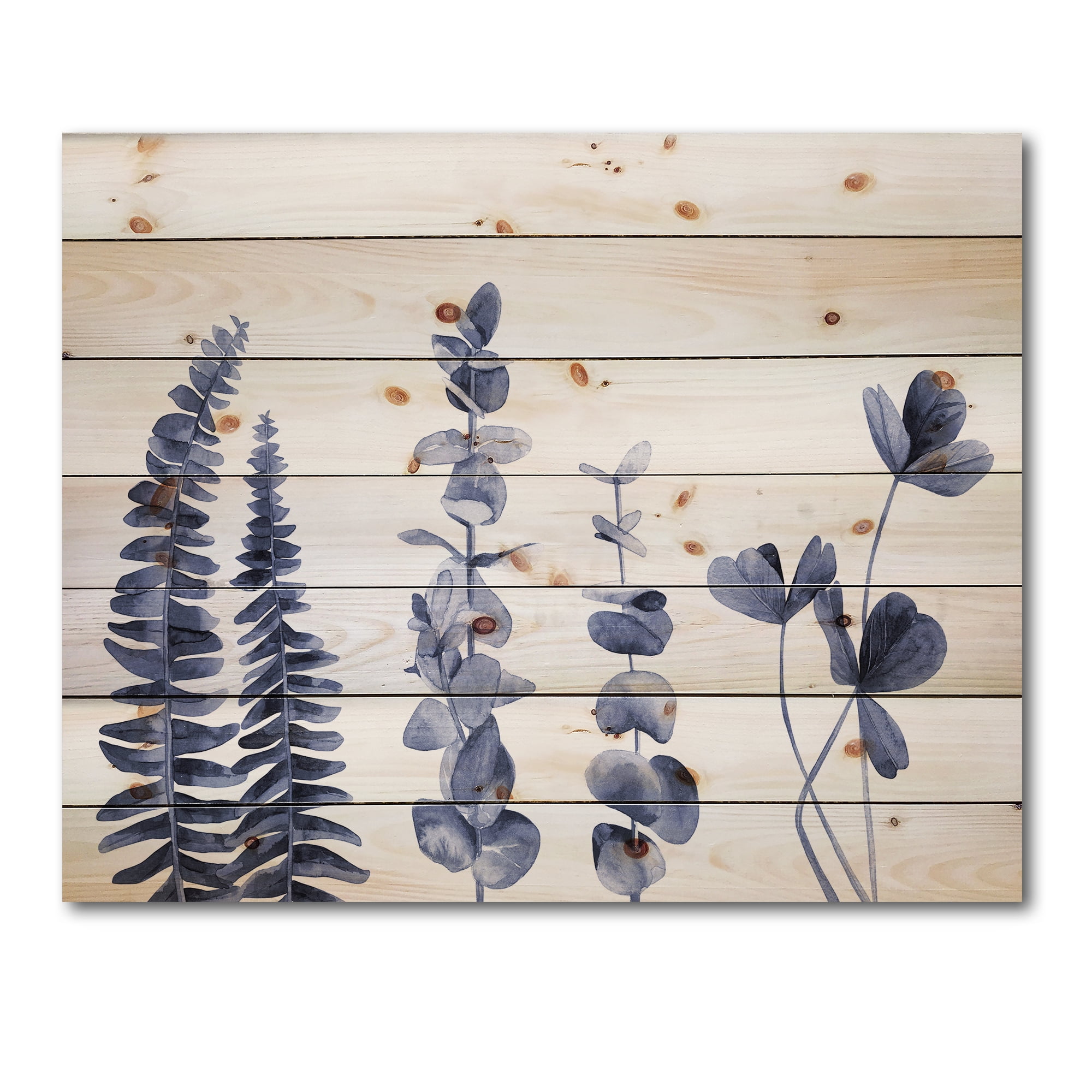 Designart 'Navy Blue Eucalyptus On White I' Traditional Print on Natural Pine Wood
