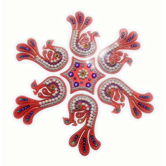 FineArt Handcrafted Decorative Diwali Rangoli Set Multicolor Jewel Stone/Kundan Decorations on Red Acrylic Base - 7 Piece Set - for Home Dcor