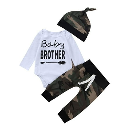 

3PCS Newborn Baby Boys Little Brother Romper+Camouflage Pants+Hat Outfits Set