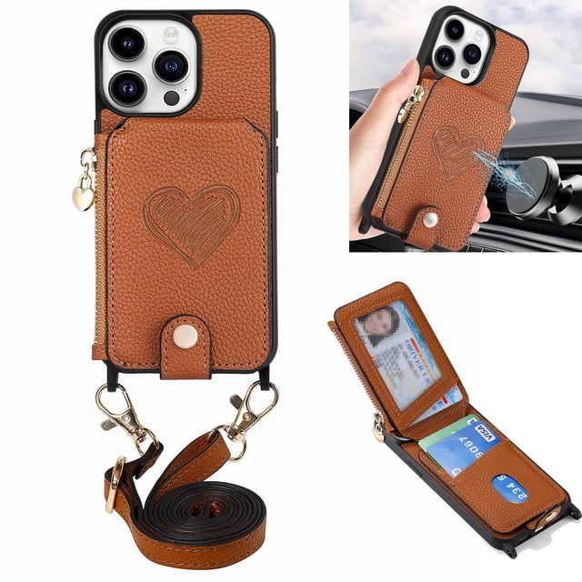 Crossbody Wallet Case for iPhone 12 Pro Max with Card Holder, Zipper Card Slot Shockproof Purse Cover with Removable Lanyard 6.7 Inch,Green