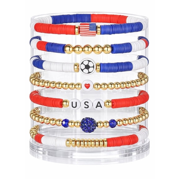 Sports Beaded Bracelet Set 7pcs, Soccer Baseball Basketball Volleyball Tennis Football Stretch Bracelets with Charms, Game Day Fan Jewelry for Women Men
