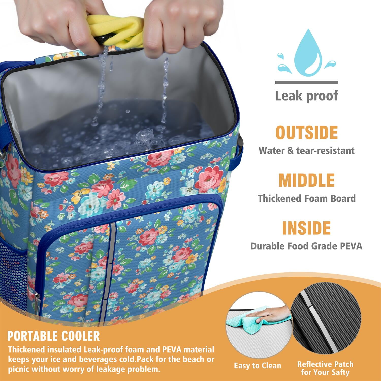 Travel Cooler Bag - Pioneer Flower Floral Print Pattern Camping Beer Cooler Backpack with Bottle Opener- Waterproof Insulated Picnic Backpacks - Cooler Bag for Beach