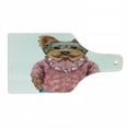 thumbnail image 1 of Yorkie Cutting Board, Portrait of a Dog in Humanoid Form with a Pink Shirt with Hawaian Lei Fun Image, Decorative Tempered Glass Cutting and Serving Board, Wine Bottle Shape, Multicolor, by Ambesonne, 1 of 1