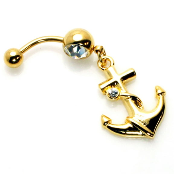 14g (1.6mm) Gold Plated Nautical Anchor Stainless Steel Dangle Belly Ring Navel Piercing Body Jewelry