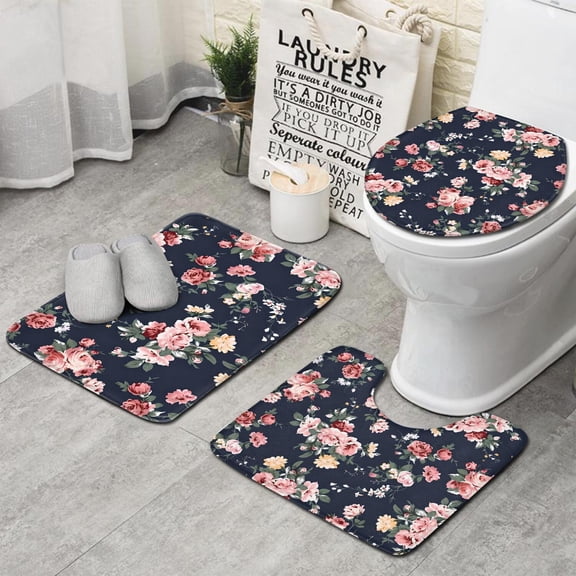 Pioneer Flower Floral Print Pattern Bathroom Rugs Sets 3 Piece,Toilet Cover Set,Absorbent Non Slip Bathroom Mats Sets with U-Shaped Contour Rug Toilet Rug Set