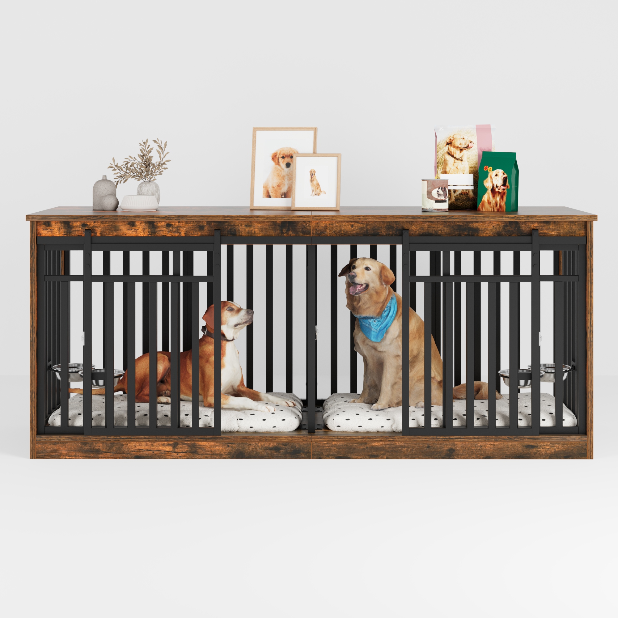 Uforic 71 in Large Double Dog Crate Furniture with 4 Dog Bowl, Wooden Indoor Dog Kennel Cage TV Stand for 2 Dogs Indoor - Rustic Brown
