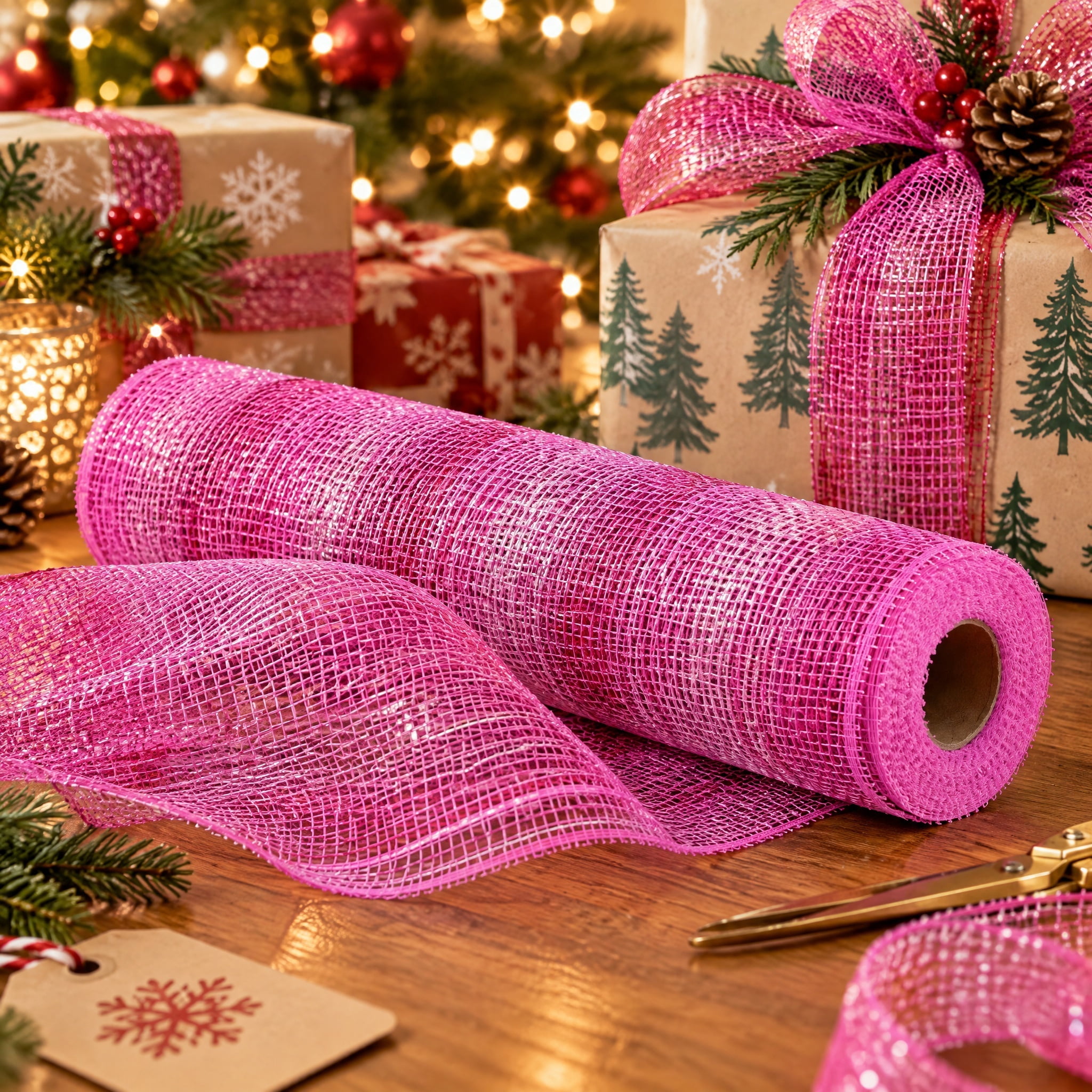 Pink and Silver Decorative Mesh Fabric, 10.5" x 18', 2 Count, by Holiday Time