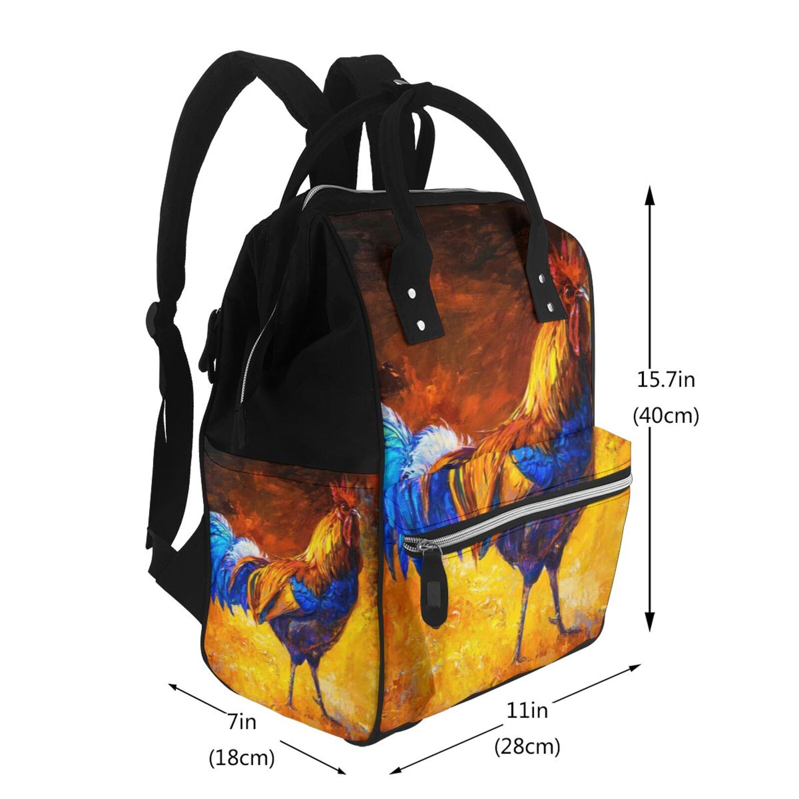 Ratiio Colorful Rooster Mummy Backpack - Waterproof Twill Canvas, Large Capacity Diaper Bag with Multiple Pockets and Adjustable Straps