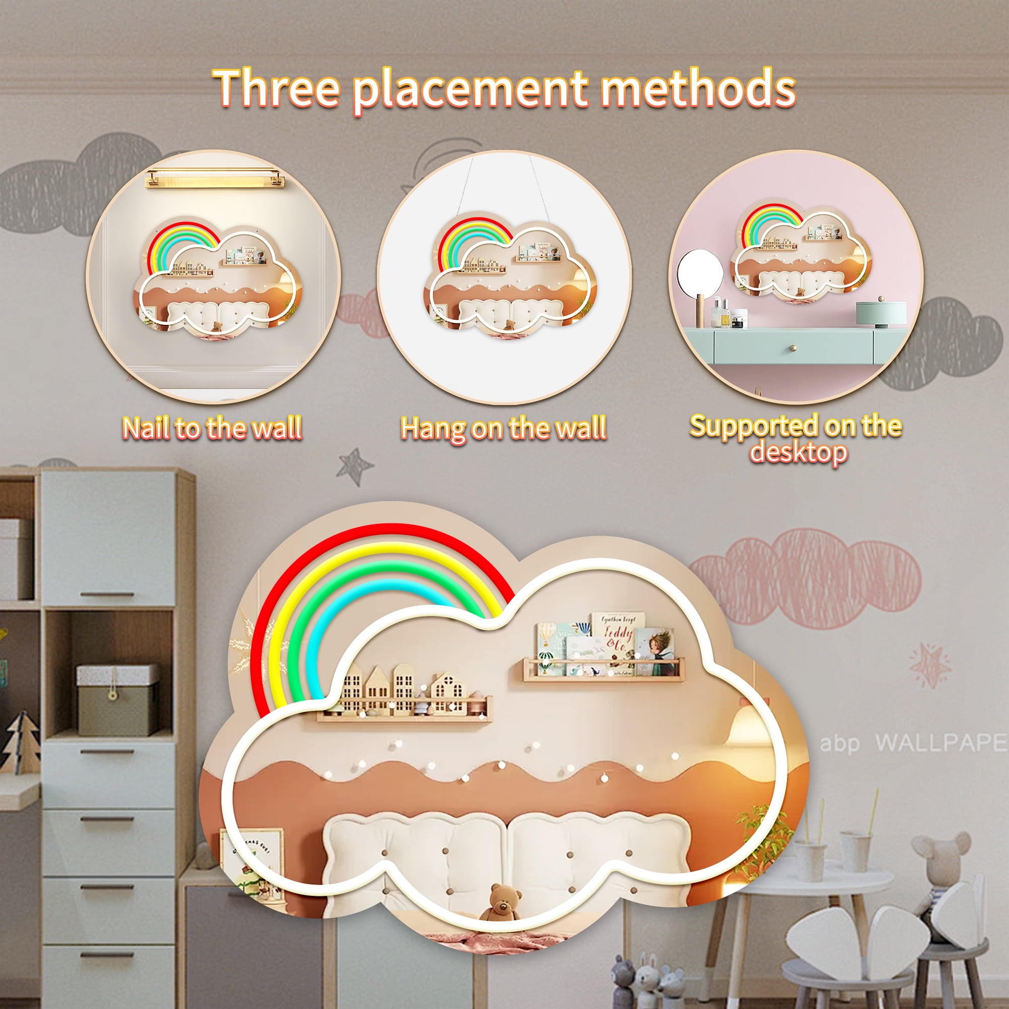 Anime Rainbow Mirror with Light Neon Signs for Locker Room Living Room Girl's Bedroom, Cute Acrylic Mirror with Dimmable for Girl Gifts, Rainbow Wall Mirror