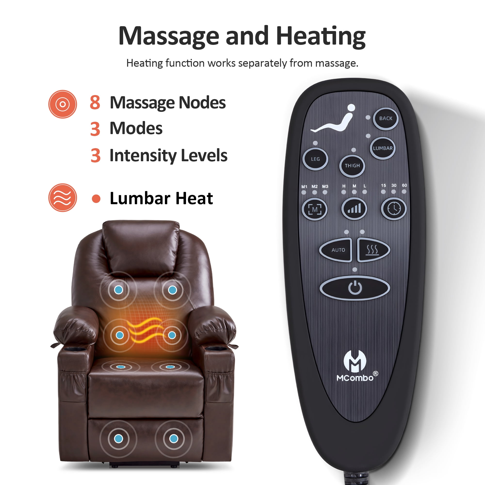 MCombo Electric Power Lift Recliner Chair Sofa with Massage and Heat for Elderly, 3 Positions, 2 Side Pockets, and Cup Holders, USB Ports, Faux Leather 7141 Dark Brown, Small