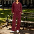 thumbnail image 2 of Xaqiouau Women's V-Neck Sweatshirt and Wide Leg Pants Set Loose Fit Long Sleeve Pullover Top High Waisted Drawstring Tracksuit Casual Lounge Wear 2 Piece Outfit Wine XXL, 2 of 9
