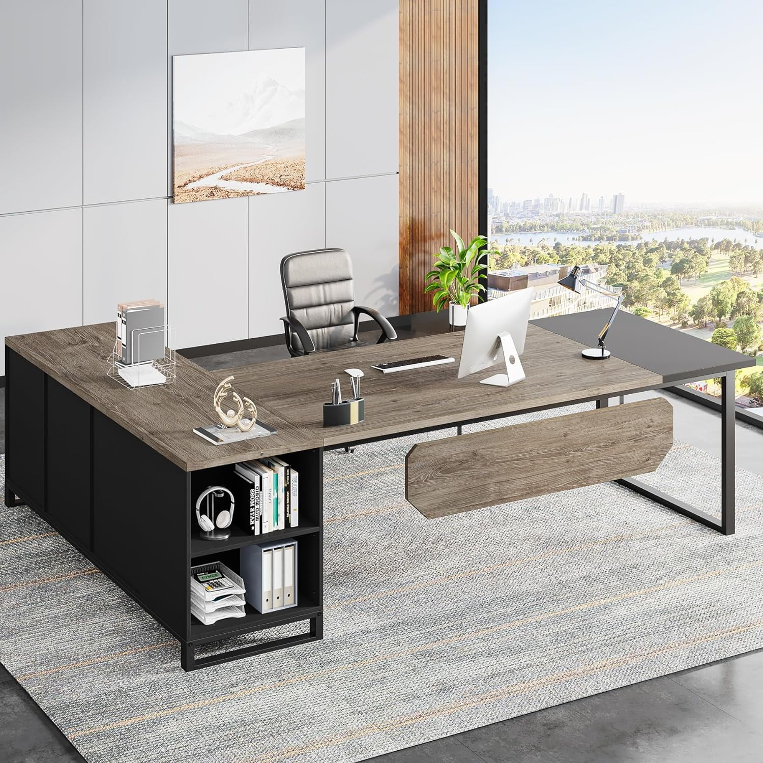 Tribesigns 70.8" L-Shaped Executive Desk with 55" File Cabinet, Modern L-Shaped Computer Desk with Storage Shelves and Cabinet for Home Office, Retro Gray
