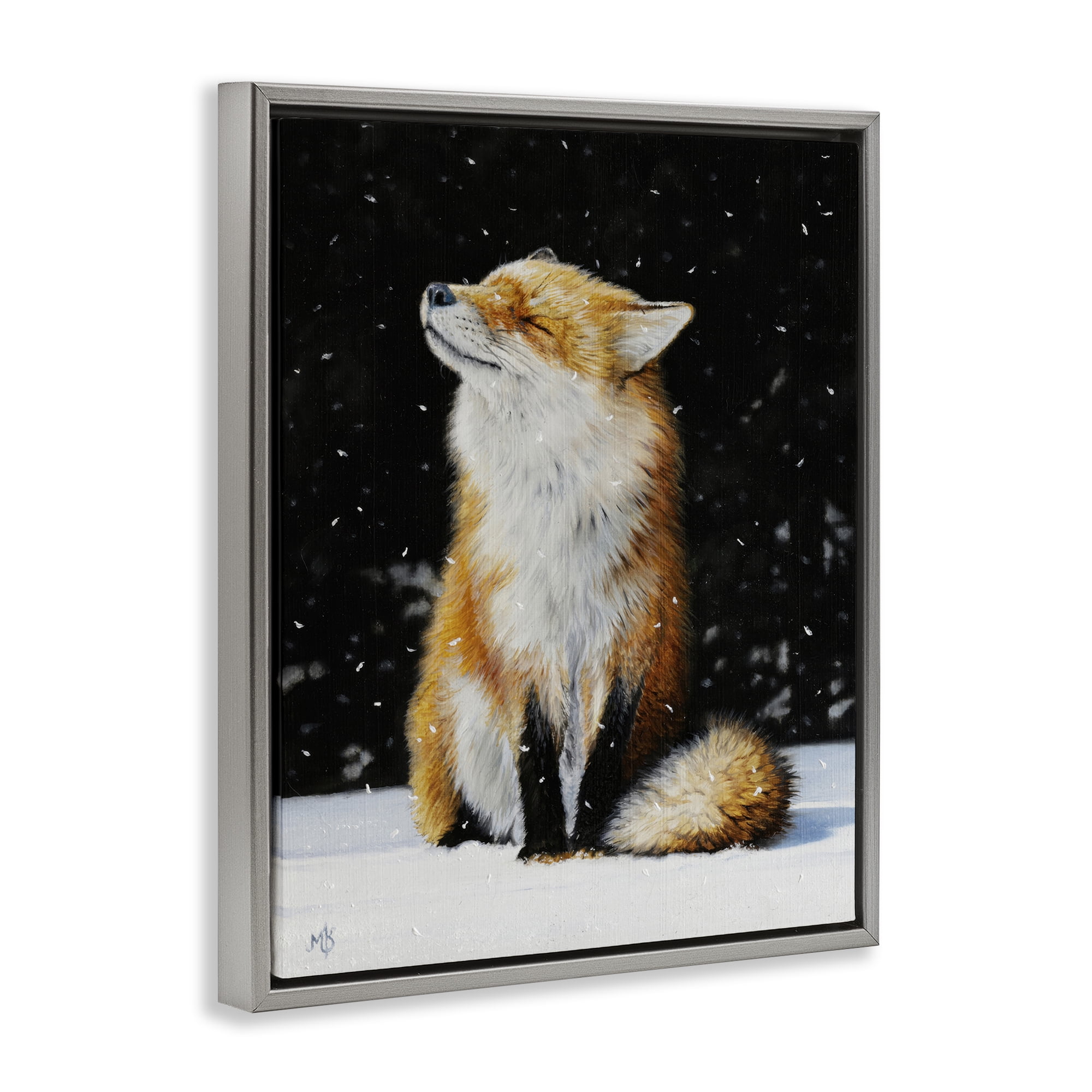 Stupell Industries Blissful Fox with Snowflakes Animals Painting Gray Floater Framed Canvas Art Print Wall Art, 25 x 31