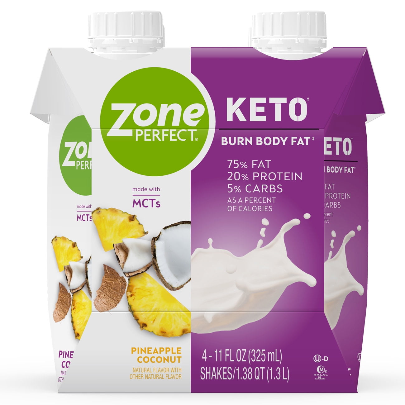 ZonePerfect Keto Shake, Pineapple Coconut, True Keto Macros To Burn Body Fat, Made With MCTs, 11 fl oz, 4 Count