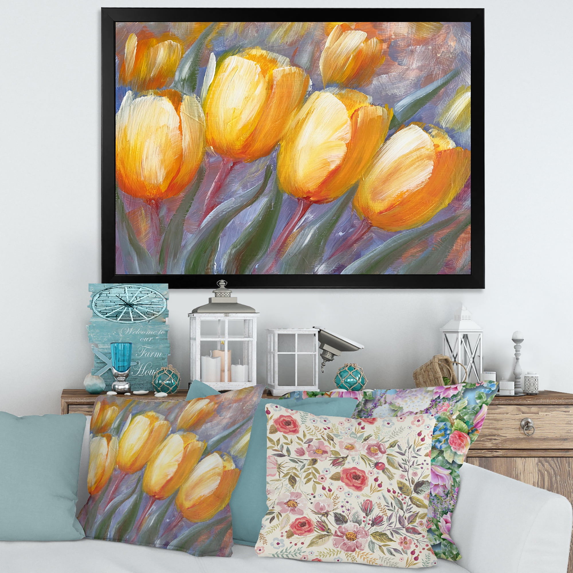 Designart 'Abstract Yellow Blooming Tulips' Traditional Framed Art Print