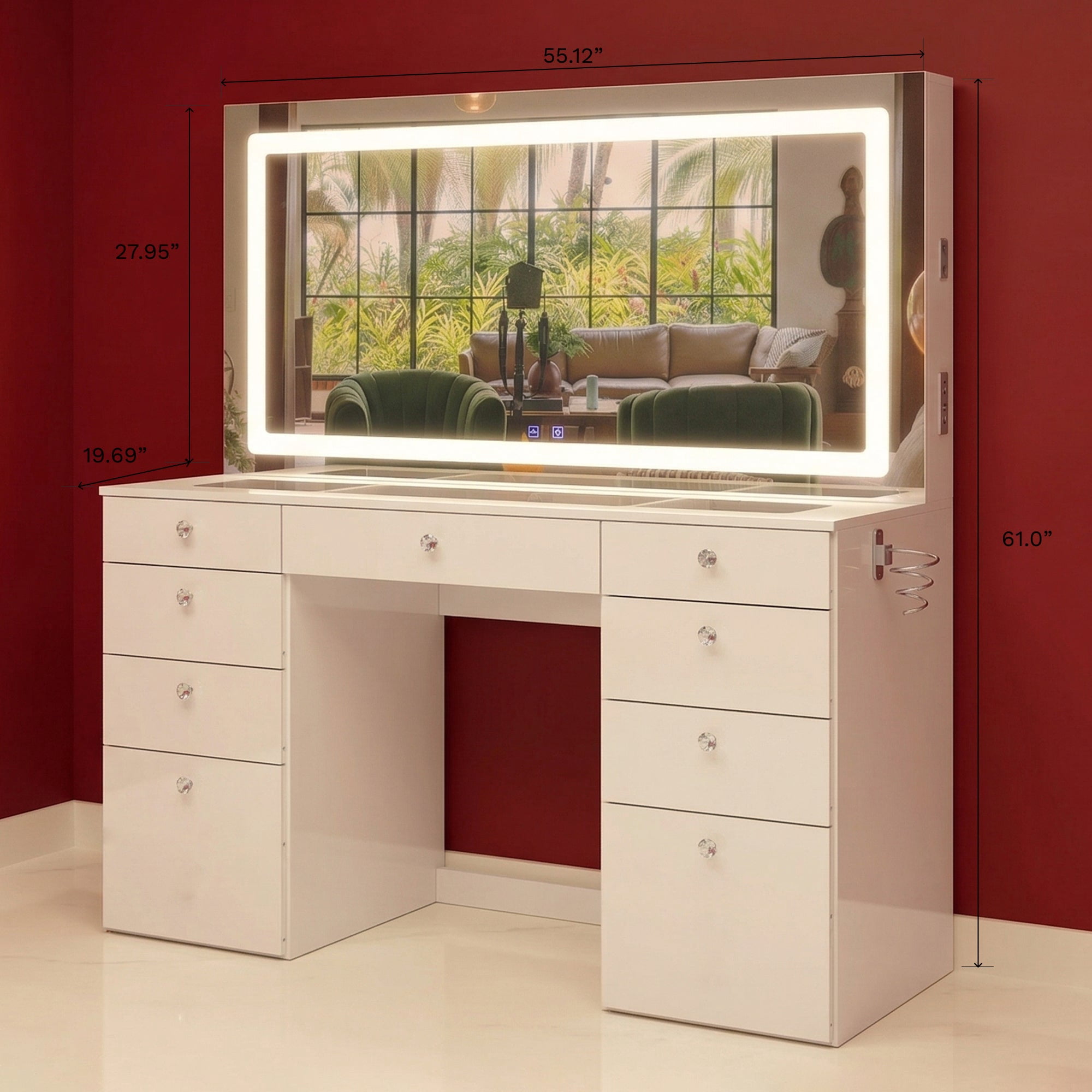 Boahaus Elara Extra Large Vanity Desk with Mirror and Lights – 11 Drawer Makeup Vanity Table with Storage, Power Outlet and Built-In Speakers