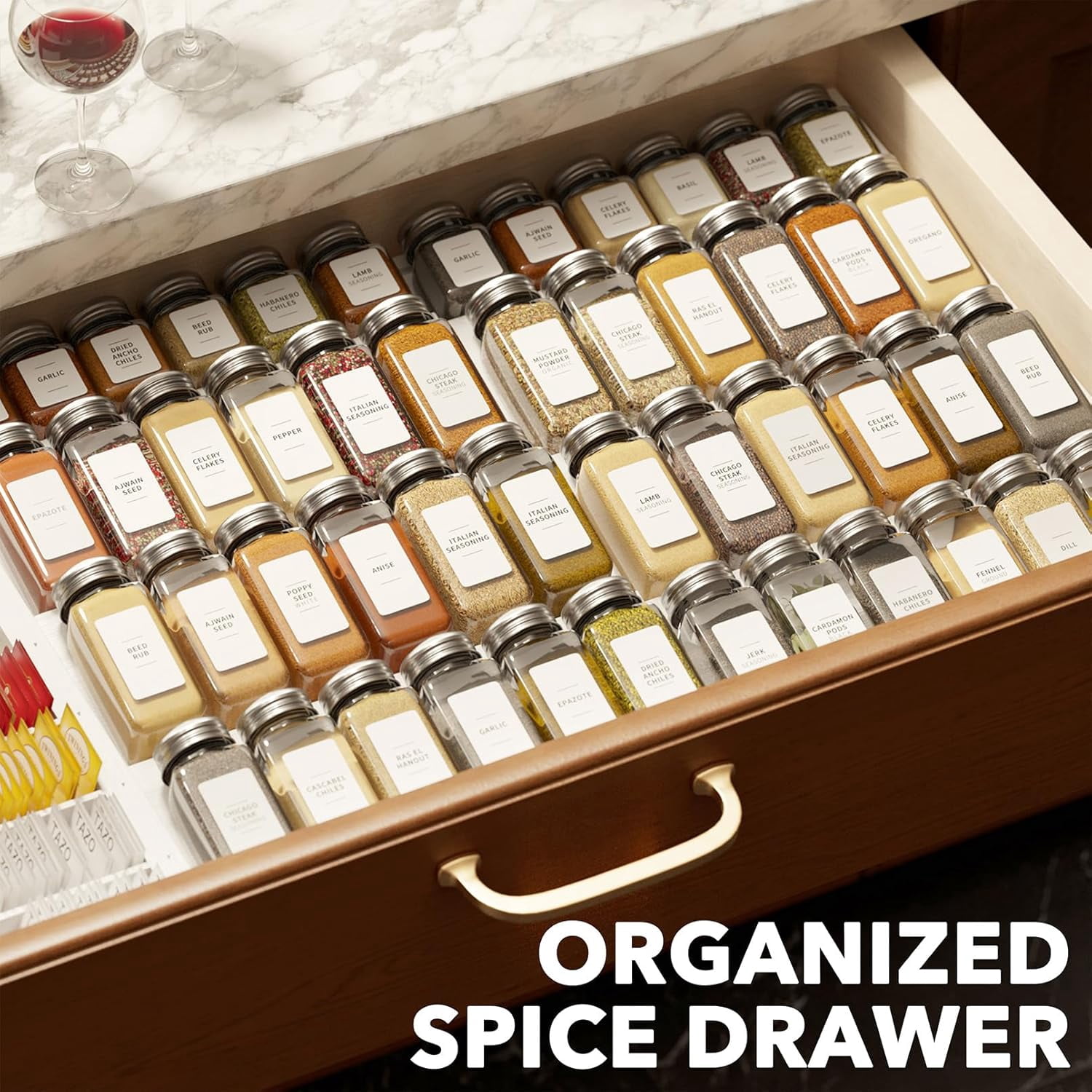 SpaceAid Bamboo Spice Drawer Organizer, Expandable, from 12" to 23" Wide (Need 3" Deep Drawer, Jars Not Included), White