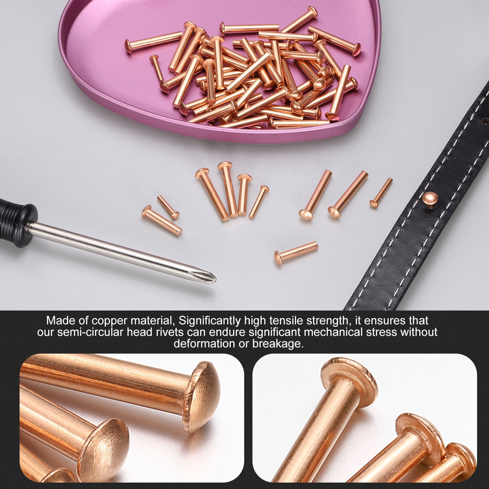 200 Pcs Copper Solid Rivets, 0.12"x0.55" Half Round Head Rivet Metal Fasteners for Electrical Applications, Leather DIY Craft Supplies (M3x14)