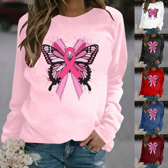 VKOYWKM Womens Breast Cancer Long Sleeve T-Shirts Breast Cancer Awareness Tshirt Pink Ribbon Graphic Tees Cancer Fight Crew Neck Sweatshirt Tee Tops