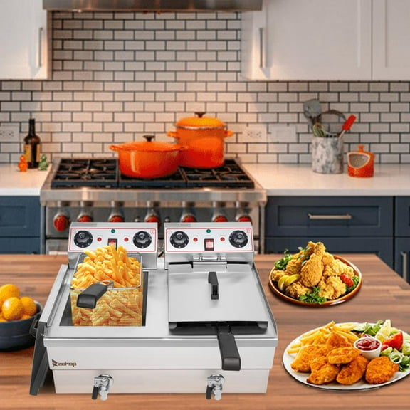 UBesGoo 24.9QT Dual Stainless Steel Electric Deep Fryer, Adjustable Temperature and Timer