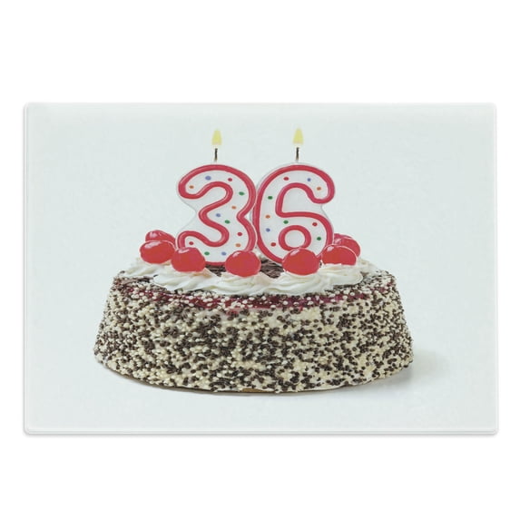 36th Birthday Cutting Board, Happy Birthday Party Theme Cake with Candles and Sprinkles Art Print, Decorative Tempered Glass Cutting and Serving Board, Large Size, Multicolor, by Ambesonne