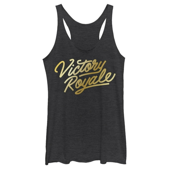 Women's Fortnite Victory Royale Gold Script Racerback Tank Top Black Heather Large