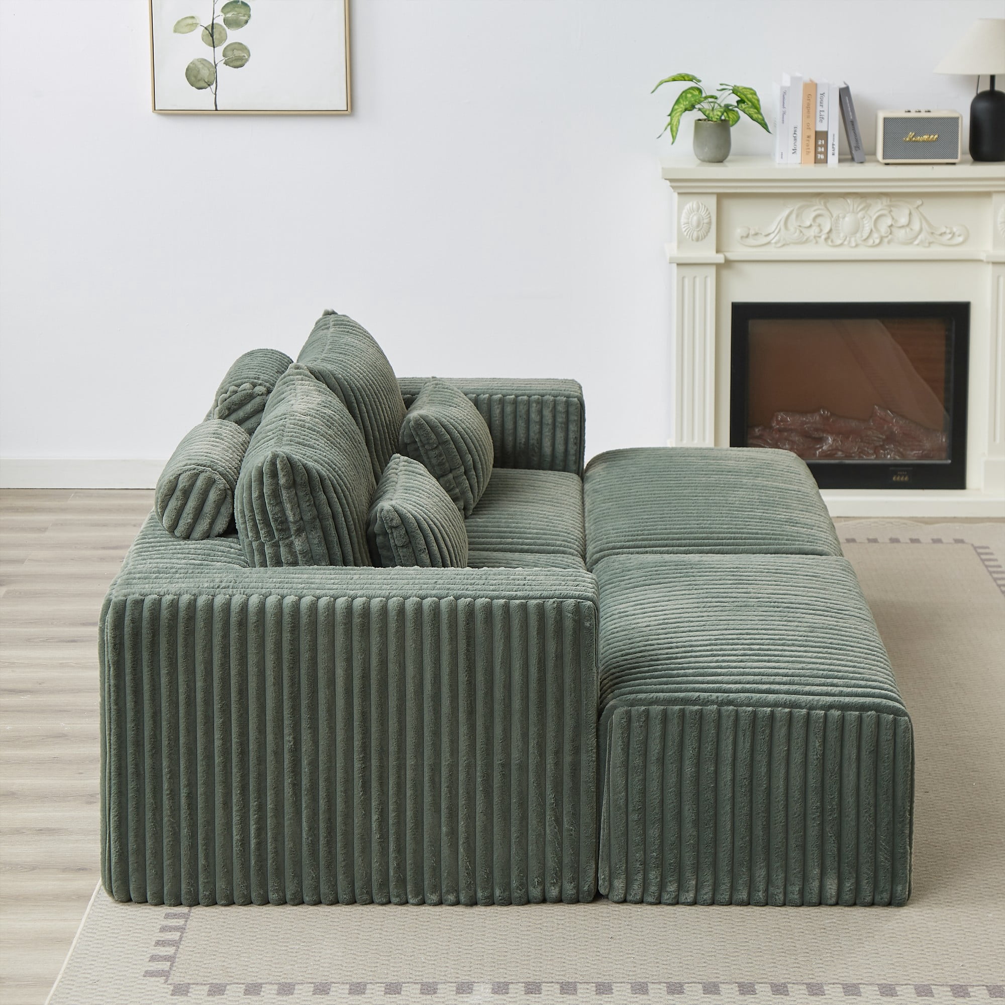 87" Oversized Sectional Lounge Chaise,No Assembly Required,Cloud Plush Loveseat with Two Removable Footstool,Fluffy Modern Sleeper Chair for Indoor Living Room Bedroom (Green)