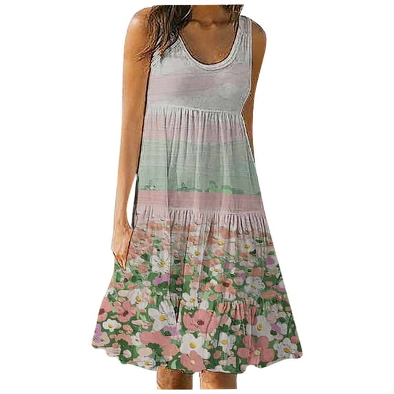 CQCYD Summer Dresses 2023, Women Printed Sleeveless Crew Neck Dress Loose Beach Dress Holiday Dress and Ankle Dress Leisure Sales Today Clearance Pink S
