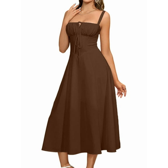 Midi Corset Dress Flowy Slit Lace Up Dresses for Women Tea Party A Line Casual Sundress Brown L