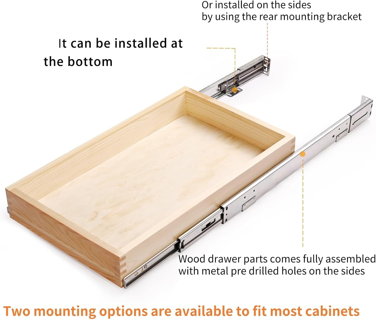 Pull Out Cabinet Drawer, 11”W x 21”D Soft Close Slide Out Wood Drawer Organizer for Kitchen, Finished, Bottom Assembly (Wood Drawer Part is Width 10'')